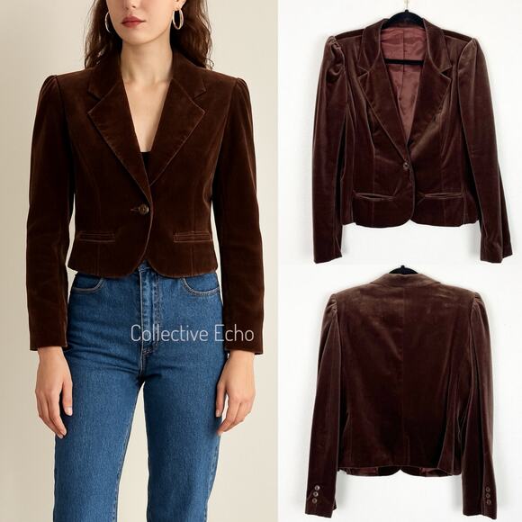 Vintage 80s Tailored Blazer Short Waist Brown Velvet One Button Preppy Academia - Picture 1 of 7